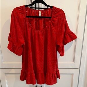 Burnt Orange Puff Sleeve Ruffled Blouse